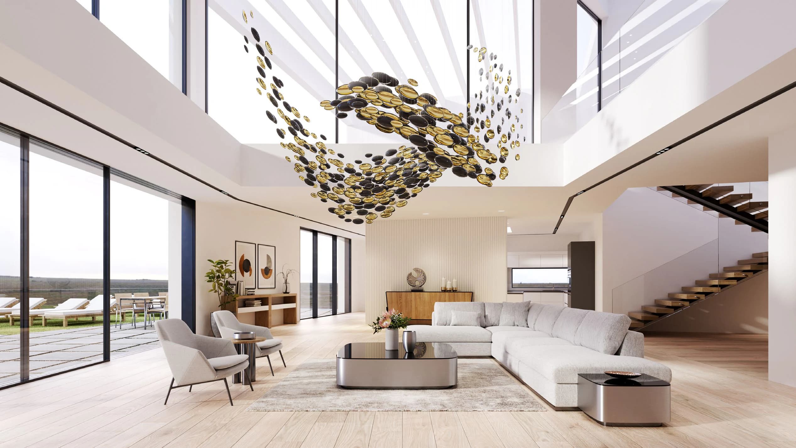 Orb Cluster Composition illustrative suspended installation in a double-height living room