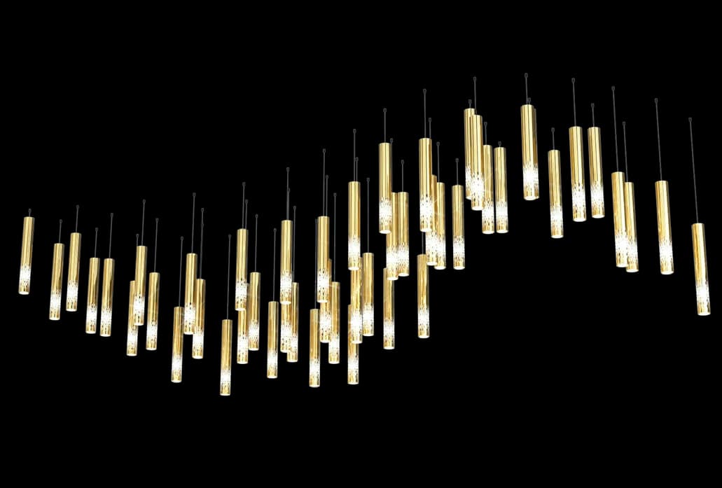 Freeform Rod Canopy wave-shaped vertical rod arrangement on black