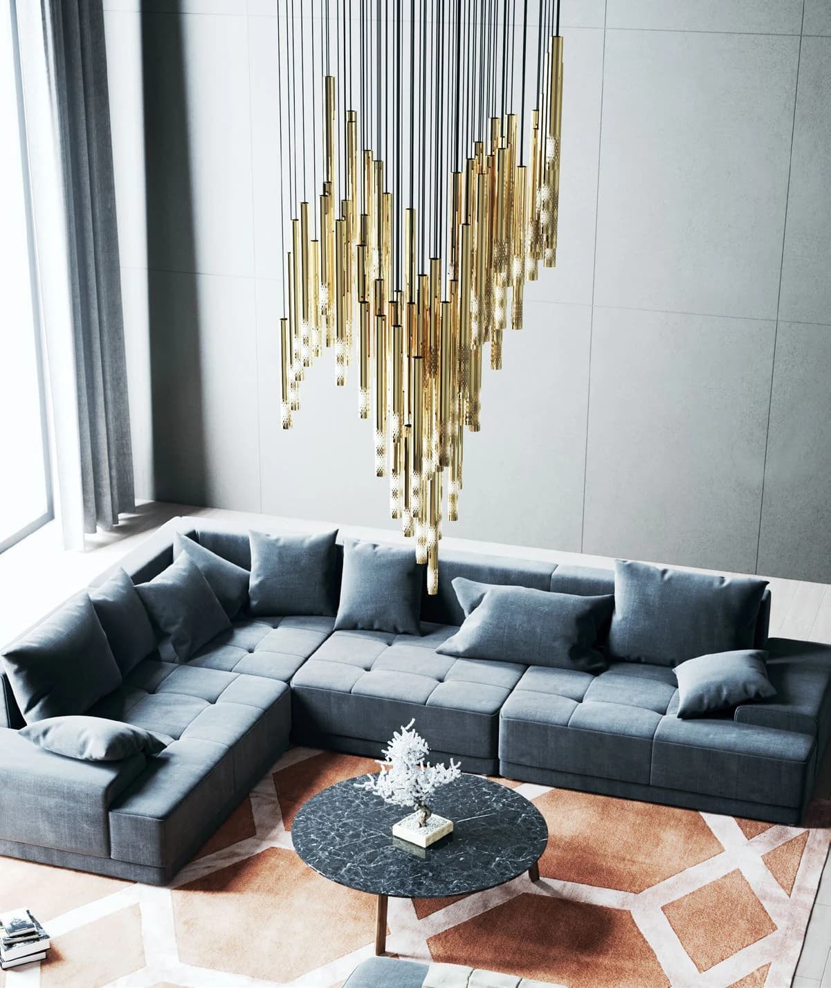 Freeform Rod Canopy illustrative vertical cascade above a lounge