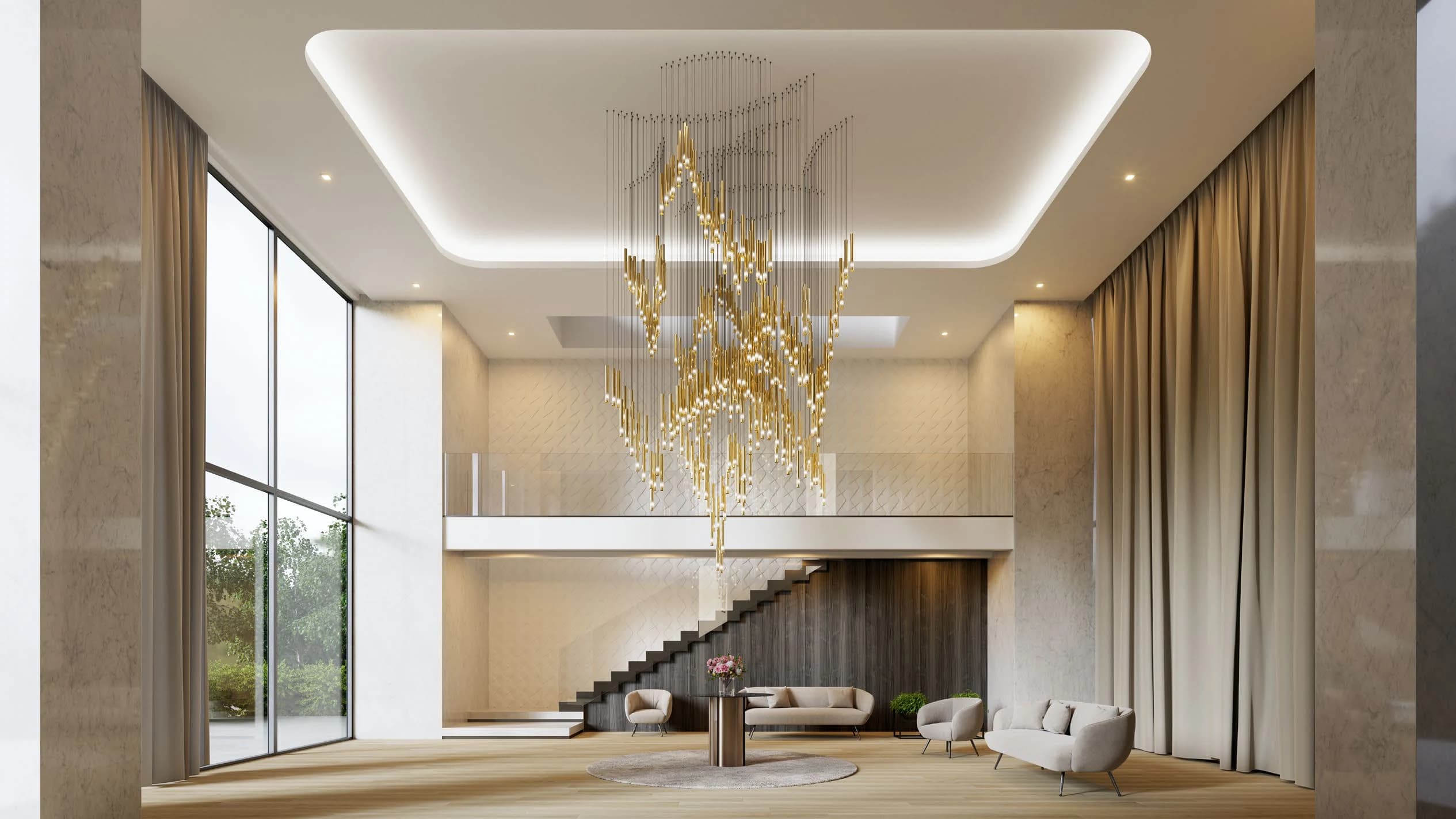 Freeform Rod Canopy illustrative lighting concept in a double-height interior