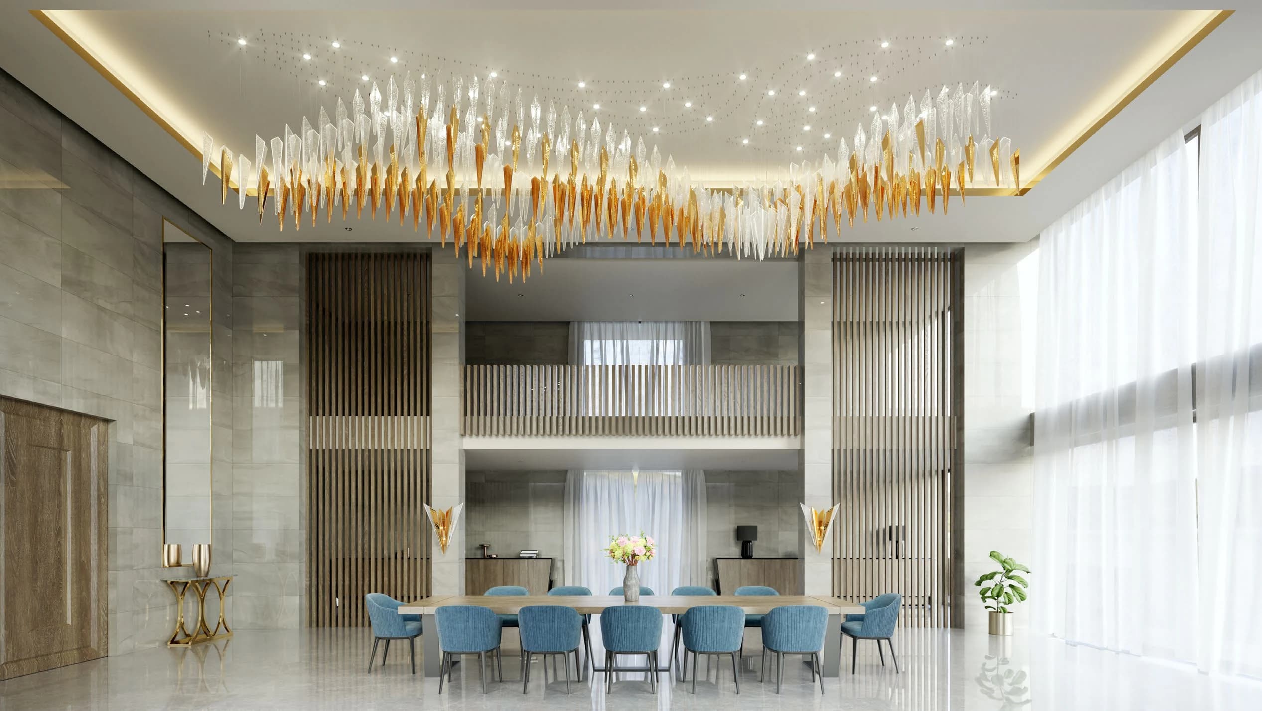 Linear Prism Composition illustrative gold-and-clear canopy above a dining table
