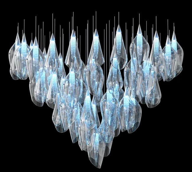 Glass Drop Stair Cascade triangular blue glass composition on black