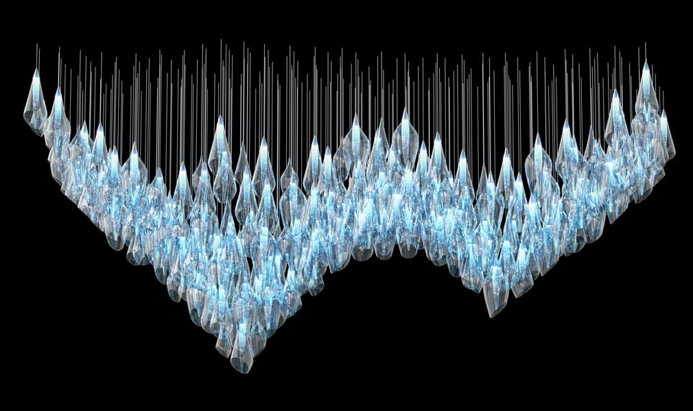 Glass Drop Stair Cascade wave-shaped blue glass composition on black