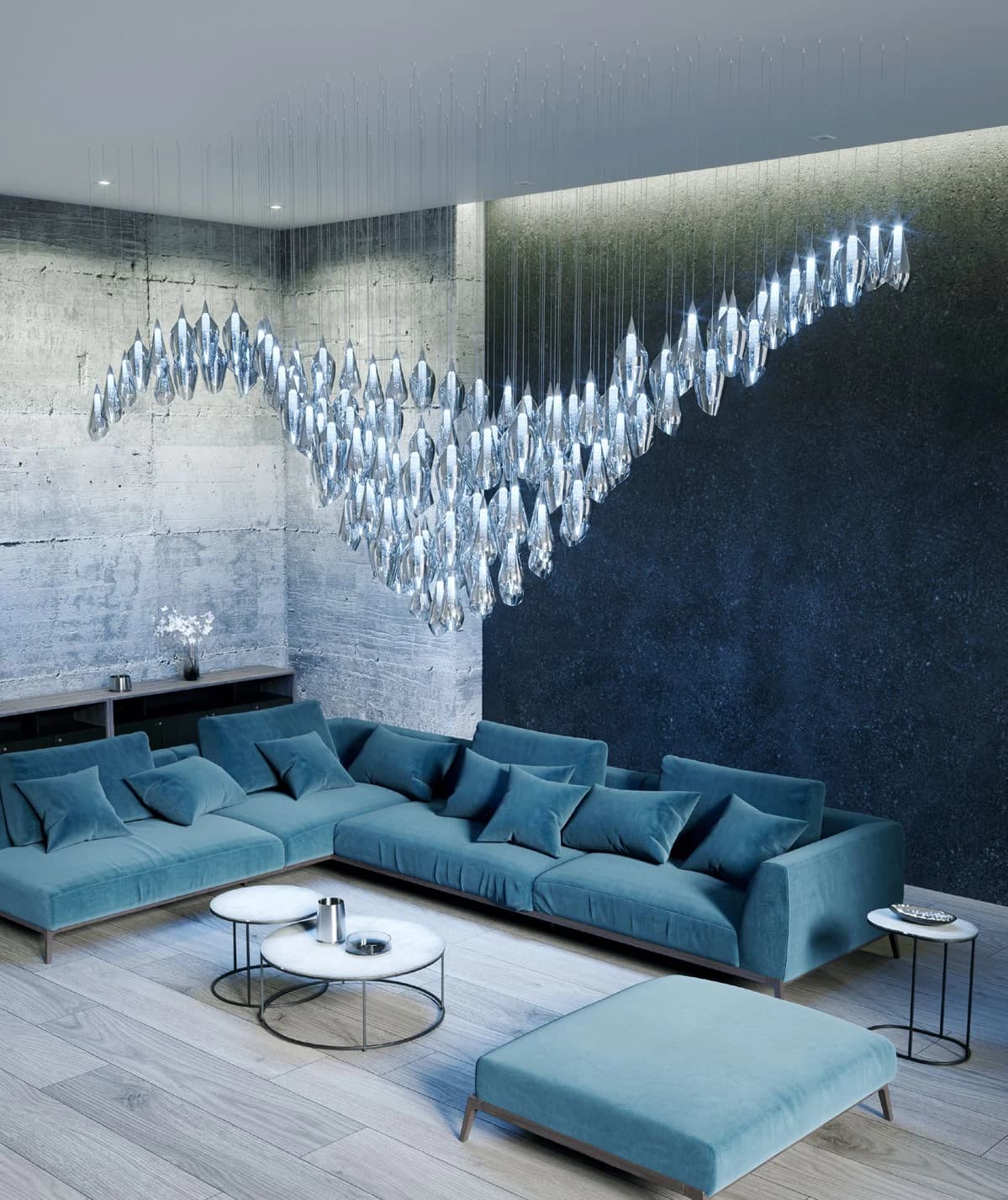 Glass Drop Stair Cascade illustrative blue glass installation in a double-height lounge