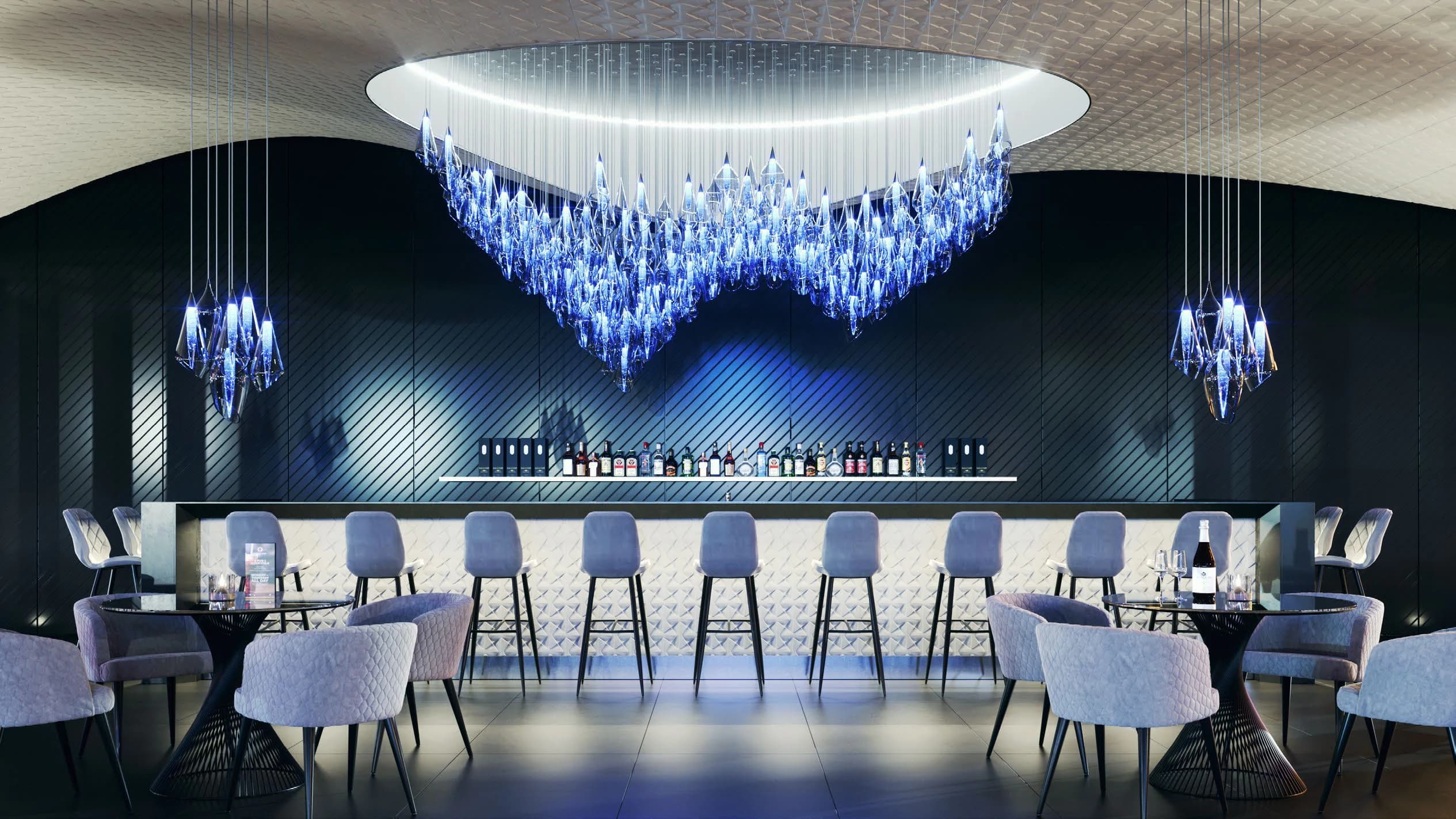 Glass Drop Stair Cascade illustrative blue glass canopy in a lounge