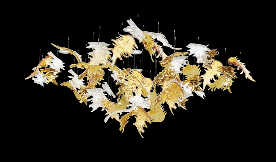 Vertical Leaf Cascade gold-and-clear leaf composition on black