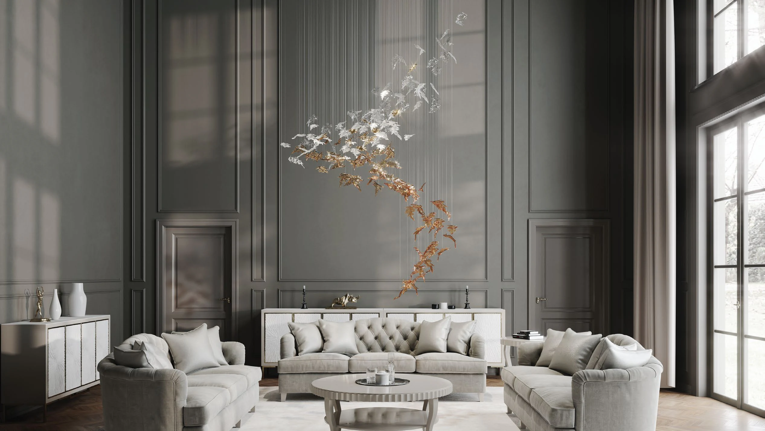 Vertical Leaf Cascade illustrative lighting concept in a tall living room