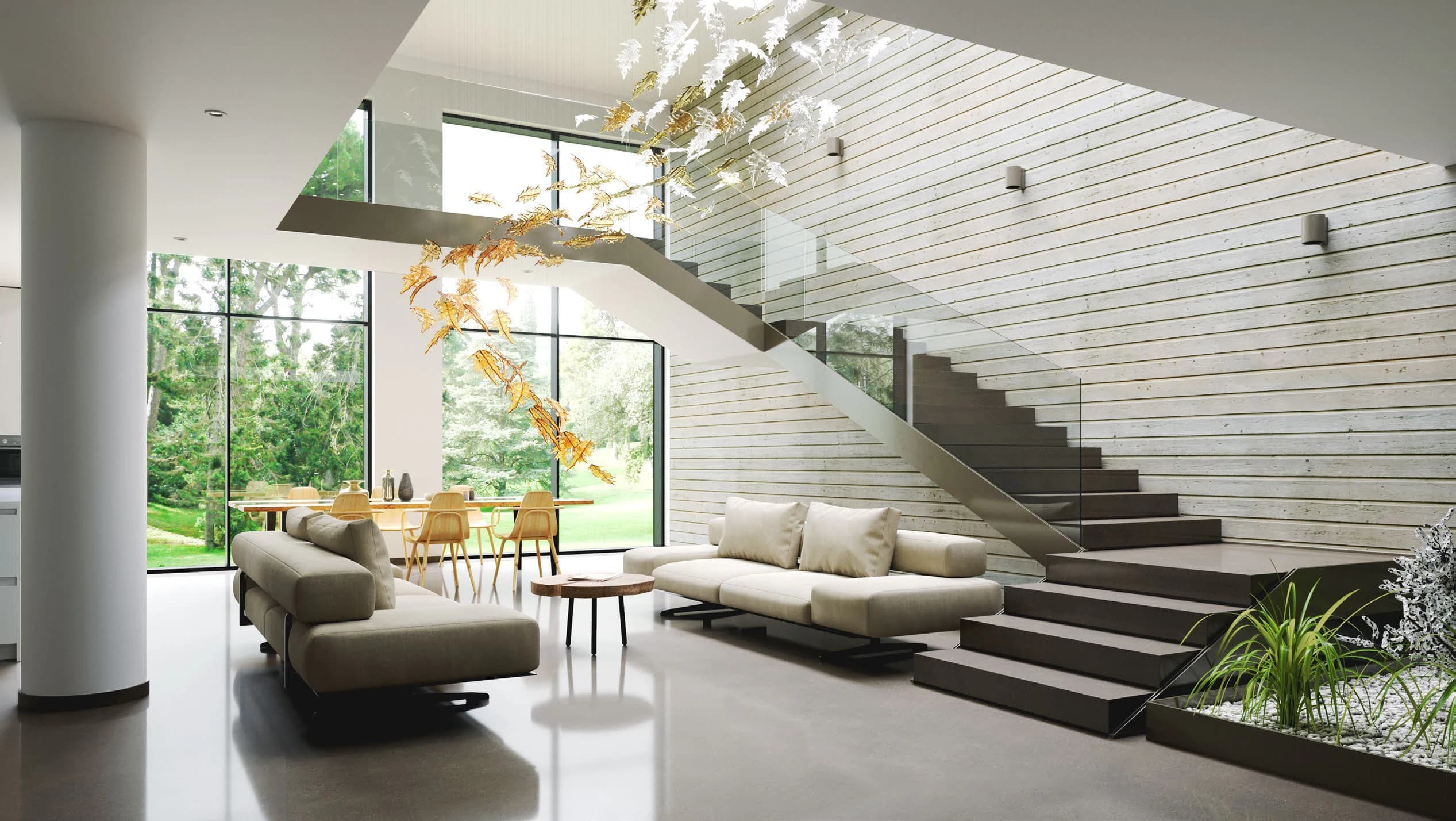 Vertical Leaf Cascade illustrative lighting concept above a double-height living room