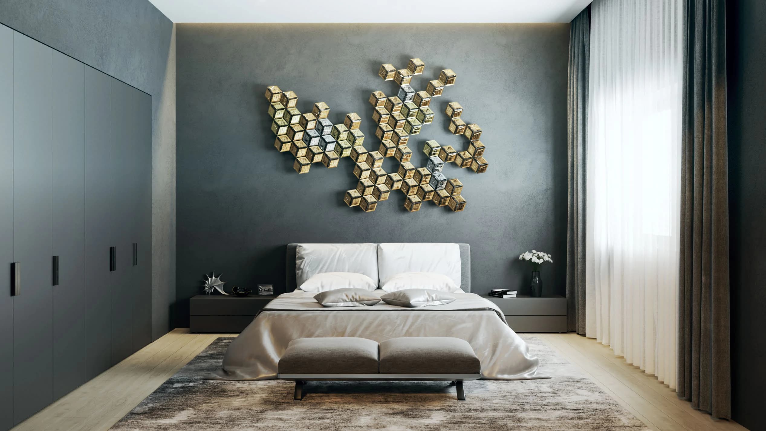 Faceted Wall Installation illustrative lighting concept above a bedroom headboard