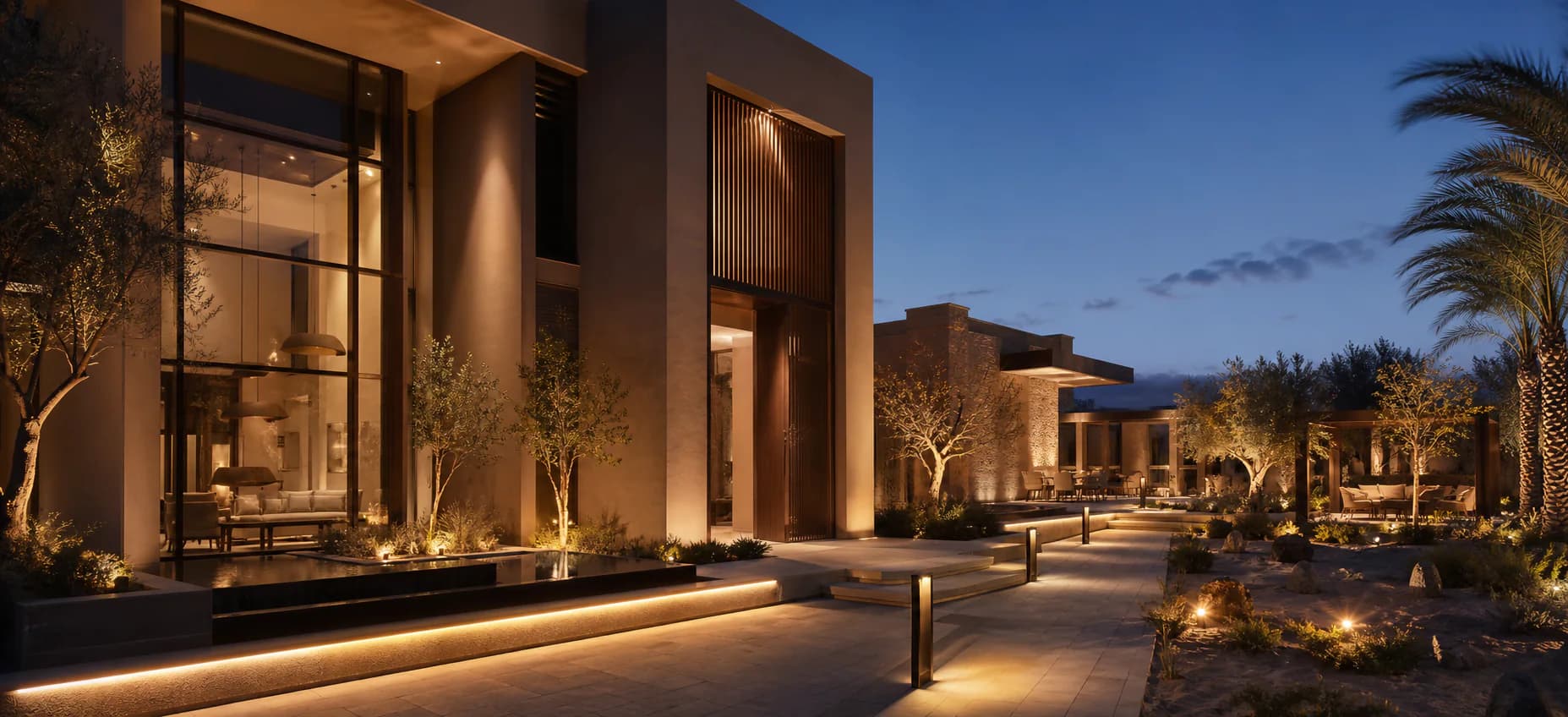 Illustrative indoor and outdoor lighting applications across a contemporary GCC villa at blue hour