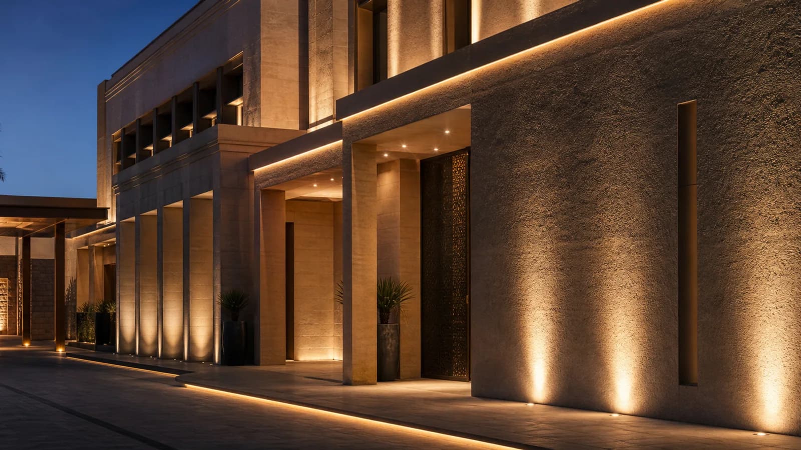 Illustrative facade and linear lighting study across a contemporary exterior elevation