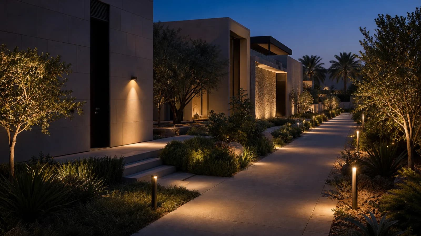 Illustrative garden path with coordinated bollard and exterior wall lighting