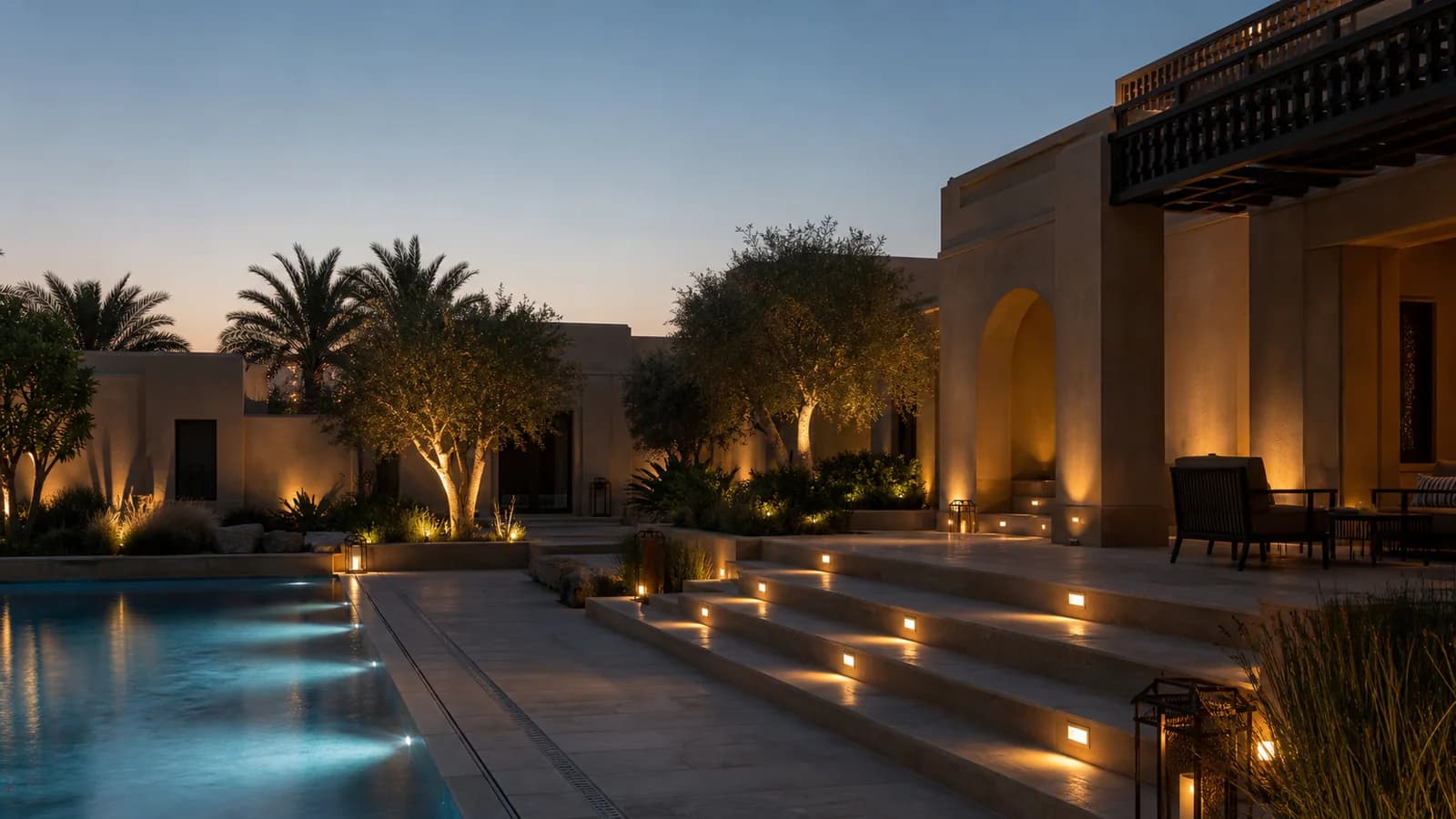 Illustrative inground, step and underwater lighting study around exterior hardscape and water