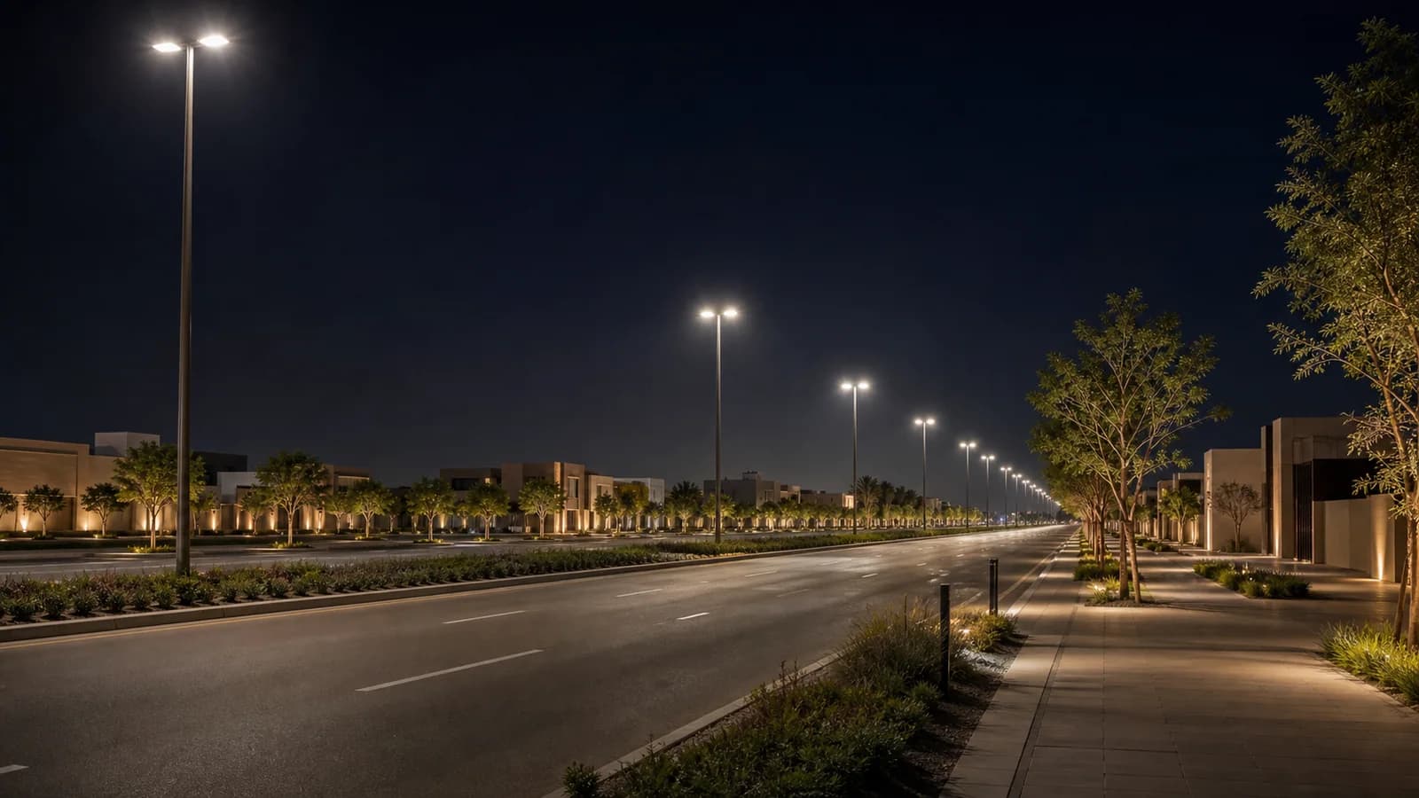 Illustrative street lighting study showing coordinated road and pedestrian illumination