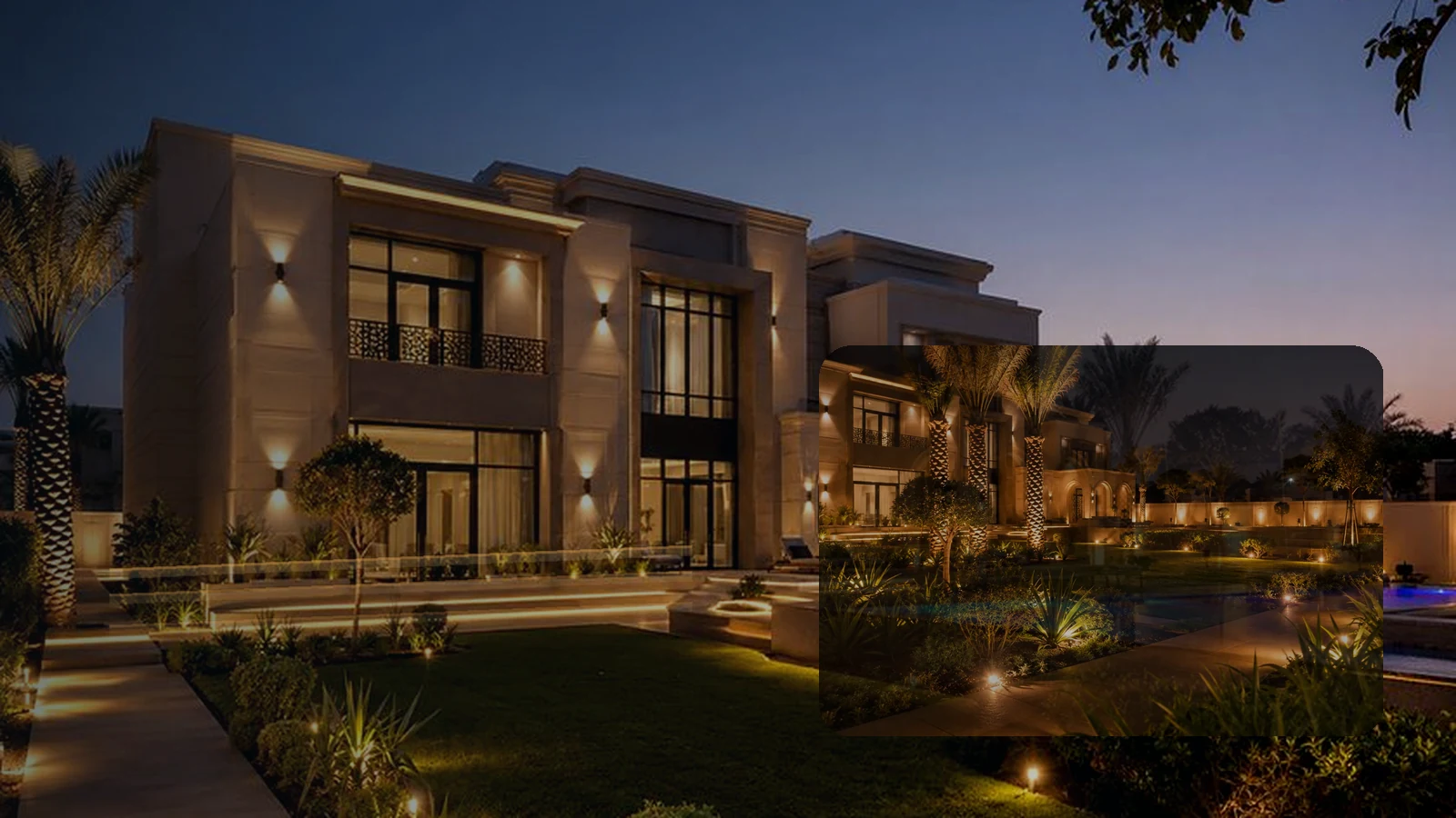 Residential community lighting design with warm facade outline lights