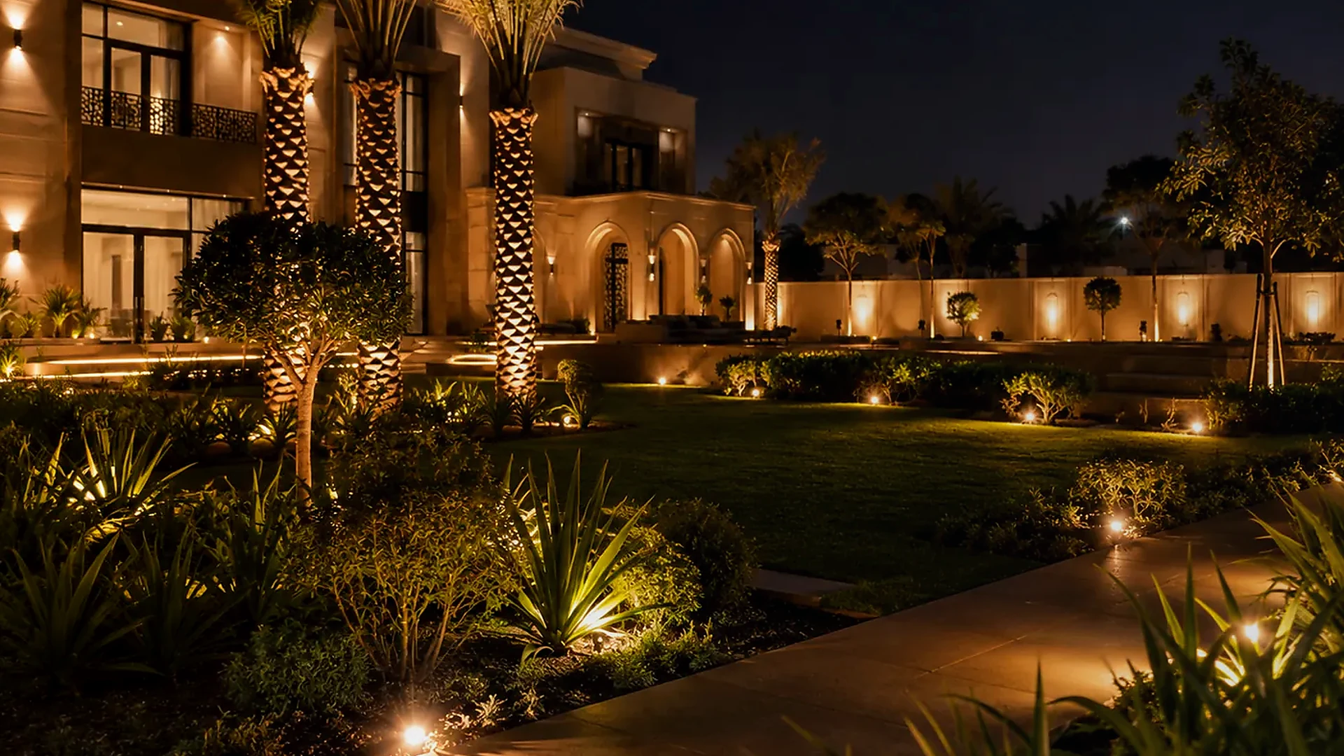 Luxury villa outdoor lighting design with warm garden and facade lights