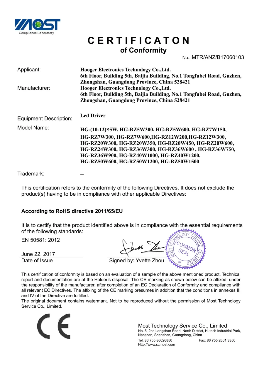 CE RoHS certificate preview