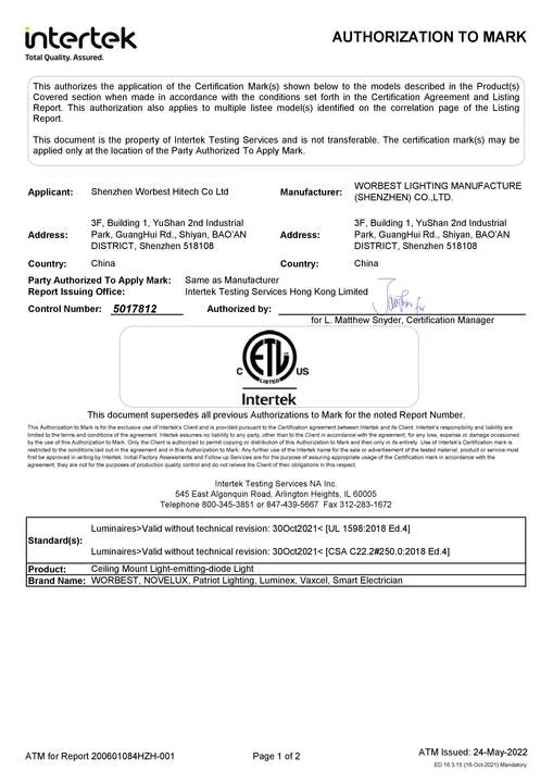Intertek ETL authorization certificate preview
