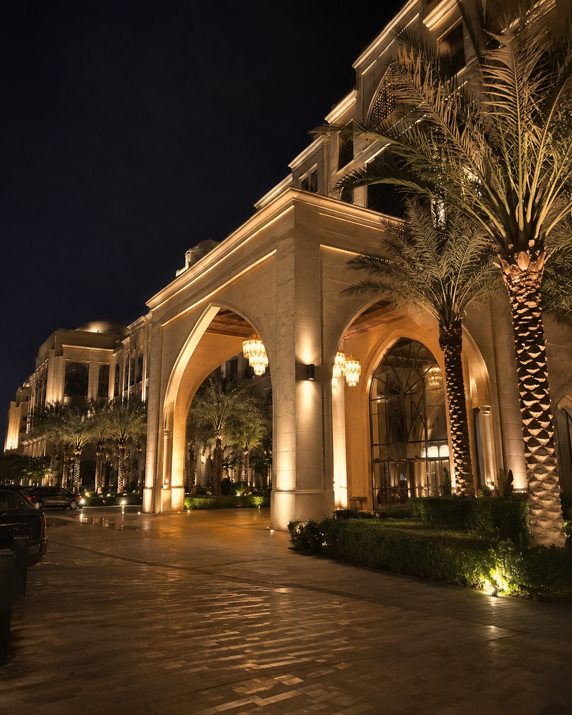 W Abu Dhabi Yas Island hotel outdoor landscape and facade lighting — main entrance night scene
