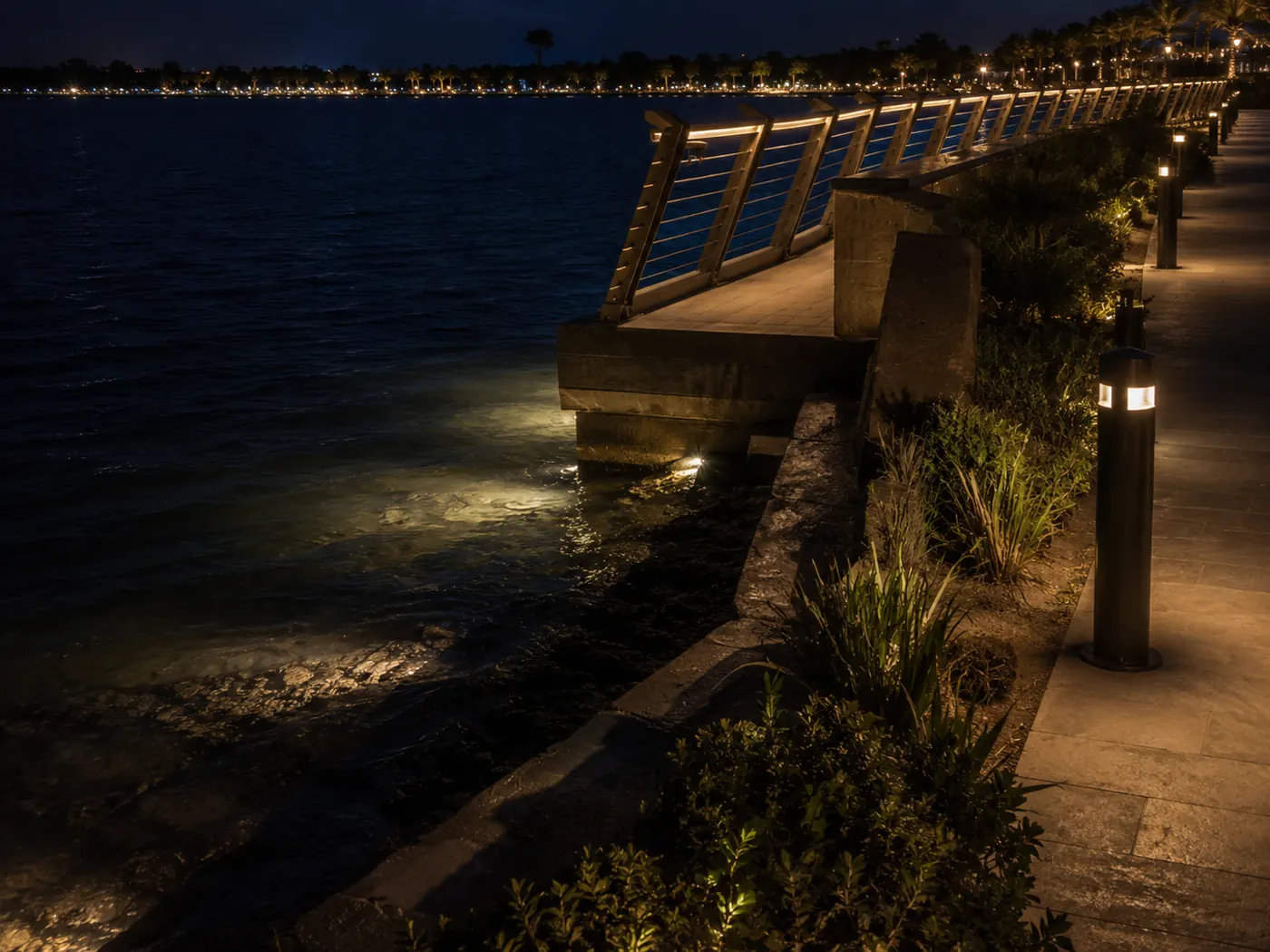 Waterfront walkway lighting with step and handrail lights