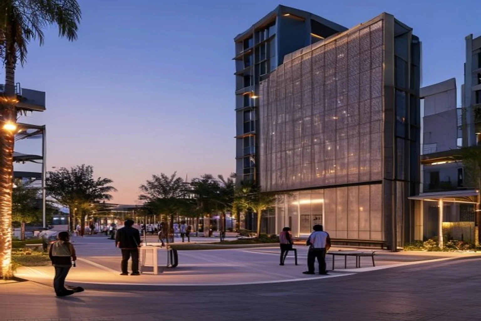 Photoreal Saudi outdoor lighting decision context for Lighting Submittal Coordination for Riyadh Mixed-Use Districts