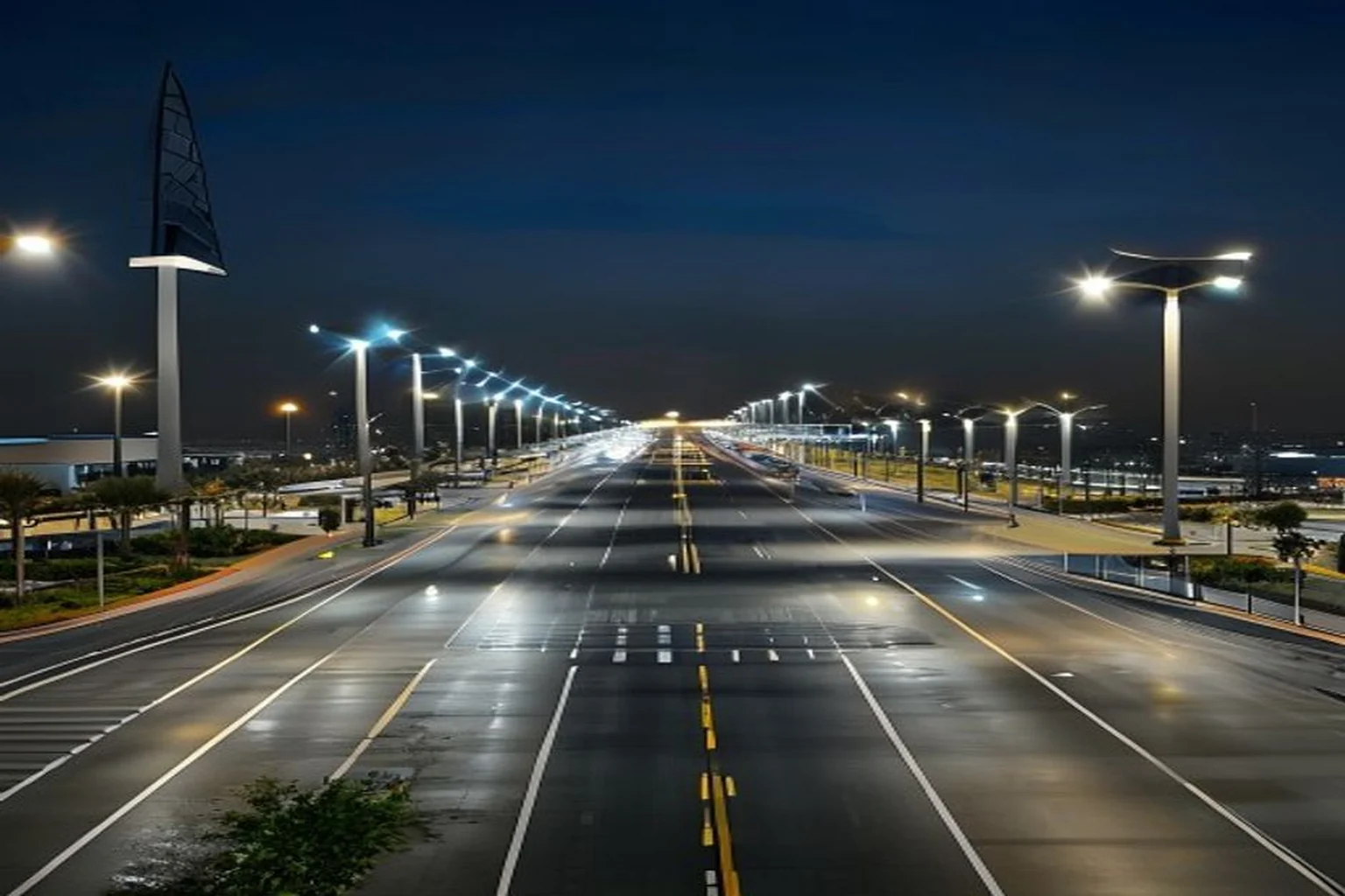 Photoreal Saudi outdoor lighting decision context for Procurement Boundaries for Saudi Airport Landside Lighting