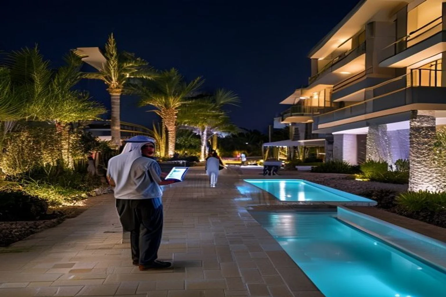 Photoreal Saudi outdoor lighting decision context for Outdoor Lighting Scene Handover for Middle East Resorts