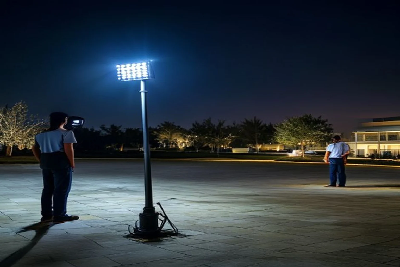 Photoreal Saudi outdoor lighting decision context for Reviewing an Outdoor Floodlight Photometric Submittal