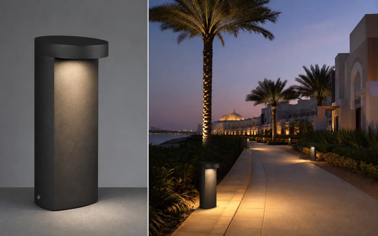 Black garden bollard light beside an illustrative palm-lined walkway application.