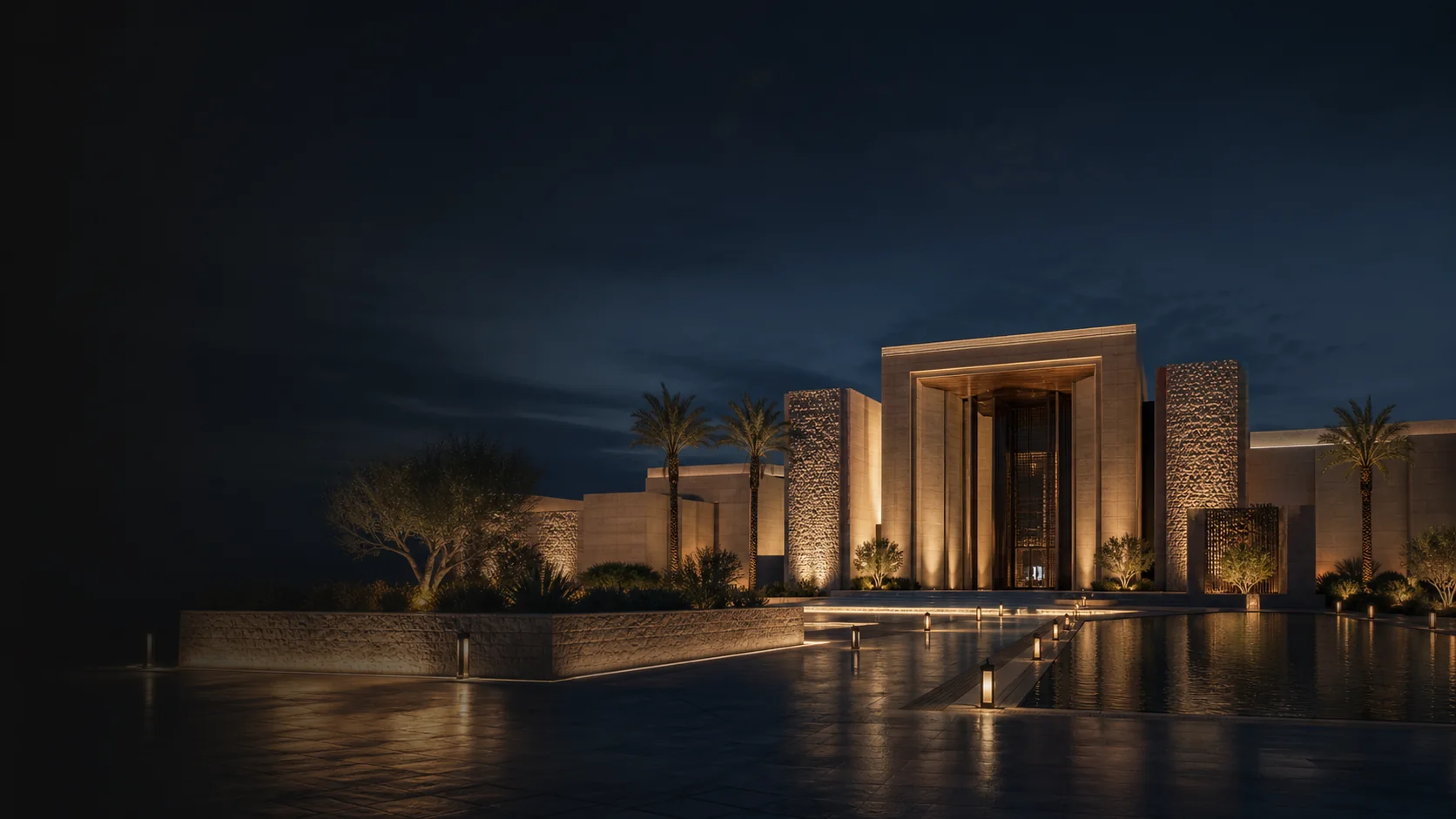 Illustrative GCC villa exterior with warm façade and landscape lighting at night.