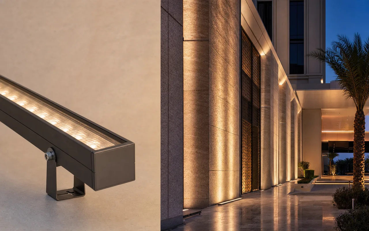 Slim linear wall-washing luminaire beside an illustrative warm façade-lighting application.